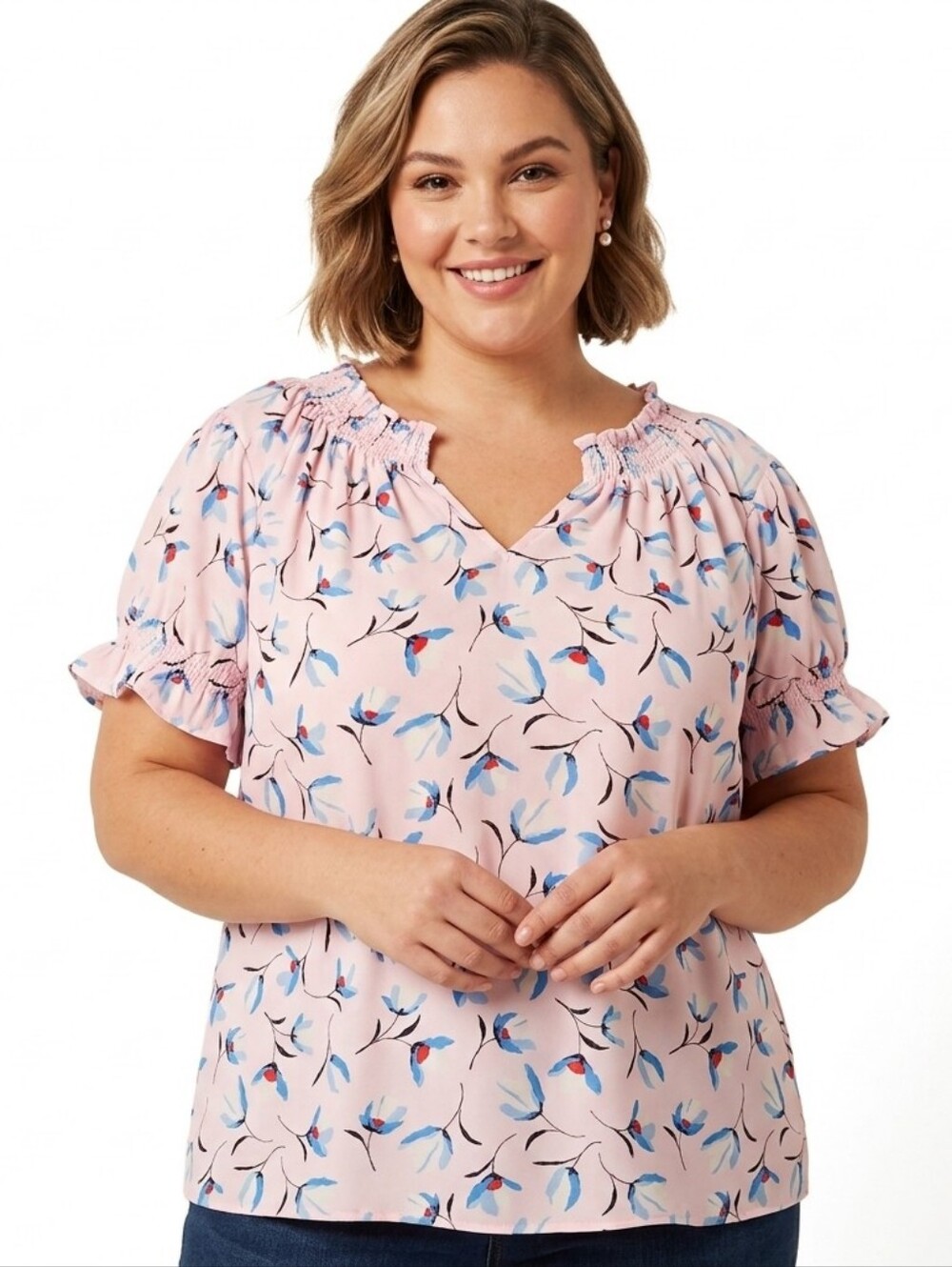 Talbots Floral Pink Smock Top Blouse Size 2XL Short Sleeve Feminine Plus Size